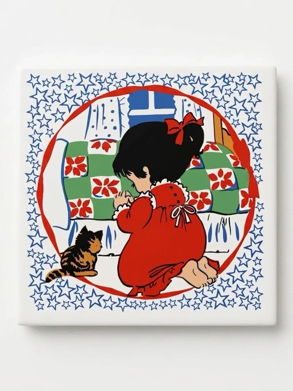 Vintage Jasco Ceramic Tile Trivets Bedtime Prayers Boy Girl Set, Early 80s